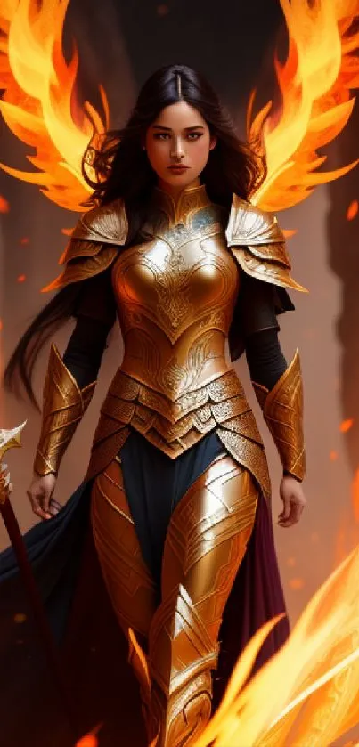 Fierce warrior with fiery wings and gold armor stands heroically amidst flames.