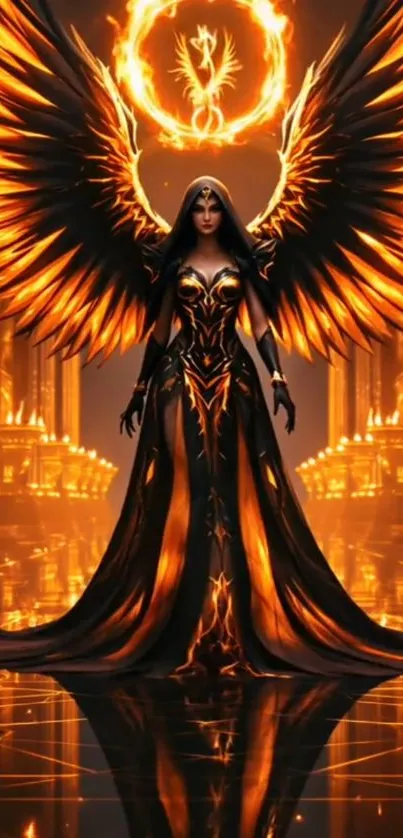 Fiery angelic warrior with wings in fantasy setting