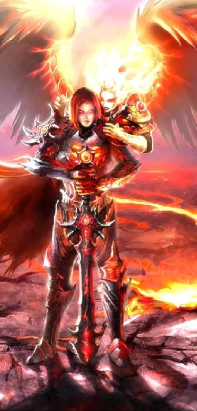 Fiery angelic warrior with dark wings and flames on mobile wallpaper.