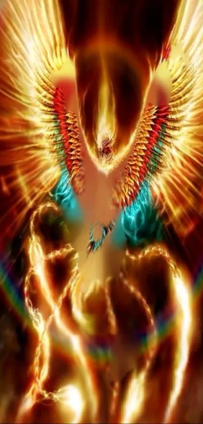 Vibrant wallpaper with fiery angelic wings and dynamic colors.