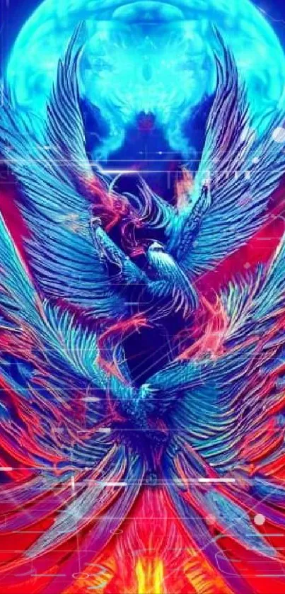 Fiery angelic wings with blue moon in vibrant colors.