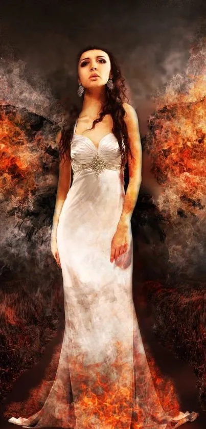 Fantasy artwork of an angelic figure with fiery wings and dramatic background.