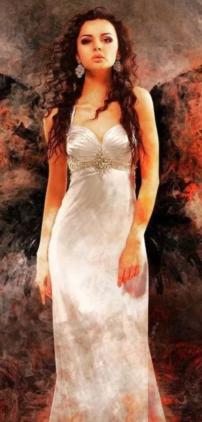 Woman in white gown with fiery wings, mobile wallpaper.