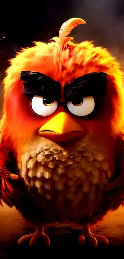 Fiery animated bird with intense expression on vibrant background.