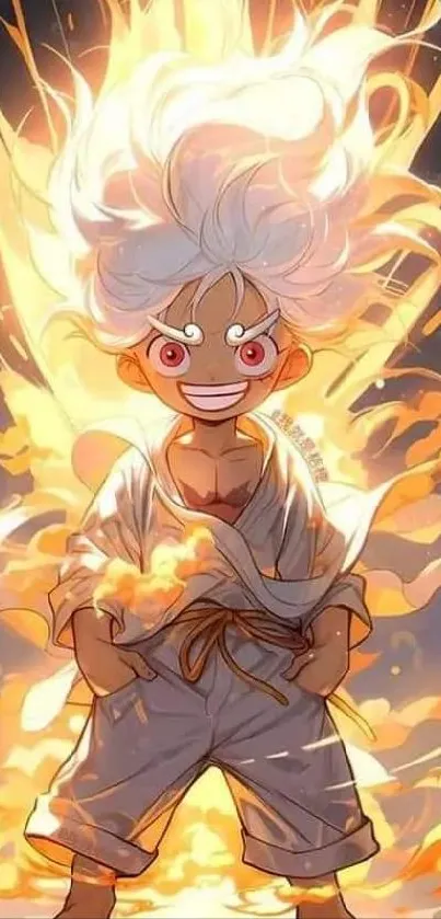 Dynamic anime character surrounded by flames in a vibrant mobile wallpaper.