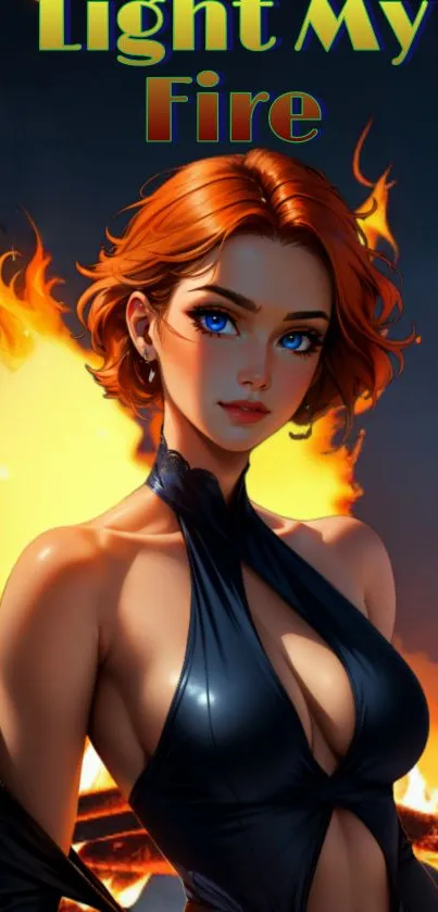 Anime character with fiery background, vibrant colors.