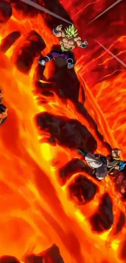 Anime heroes battling over a fiery lava scene.