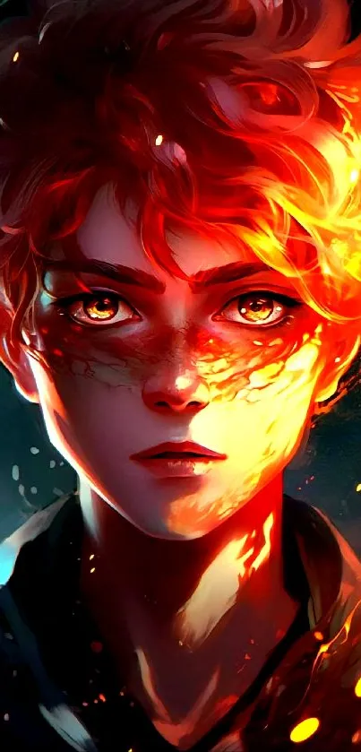 Anime character with fiery hair and glowing eyes in a digital art style.