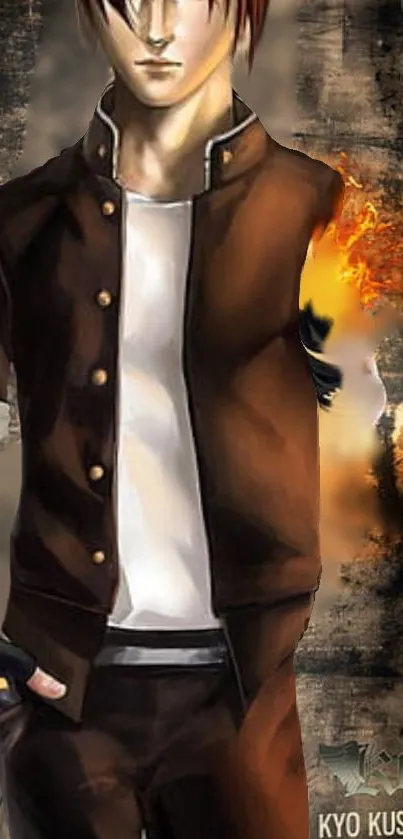 Anime character with a fiery arm on a brown themed background.