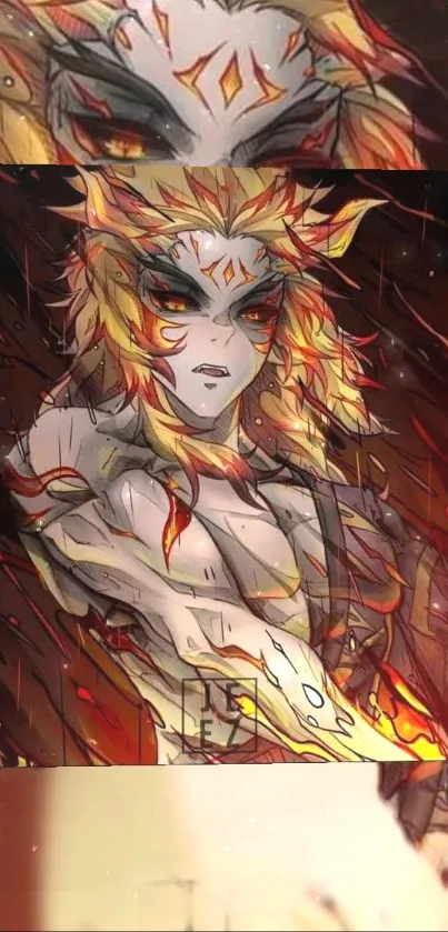 Anime character with fiery orange and yellow hues dominating the artwork.