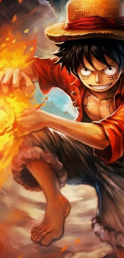 Anime character engulfed in fiery energy with vibrant colors.