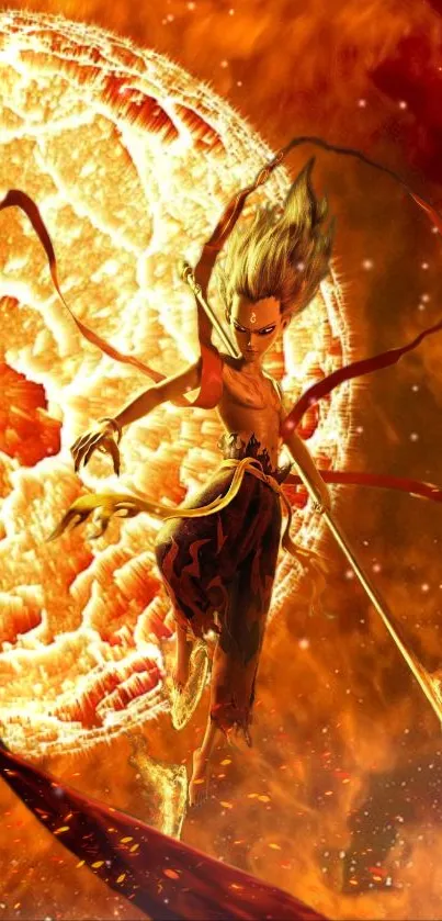 Anime character in a fiery backdrop, perfect for mobile wallpaper.