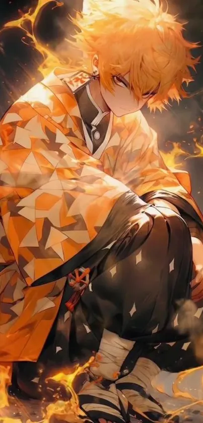 Anime character in fiery orange hues with dramatic lighting.