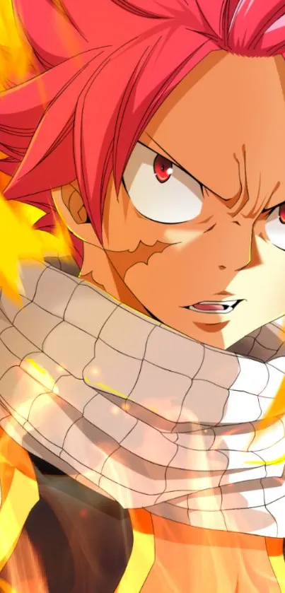 Anime character with pink hair amidst bright flames, creating a dynamic look.