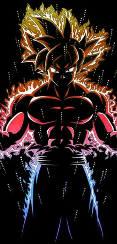 Fiery anime character with colorful aura on a black background.