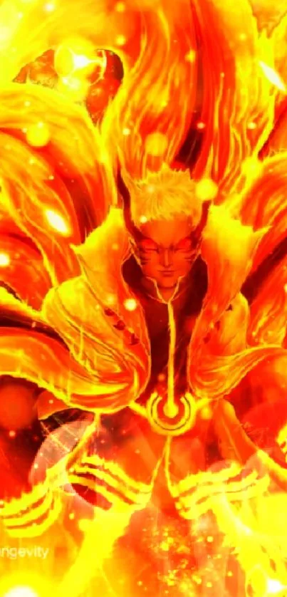 Anime character surrounded by fiery orange flames on a vibrant wallpaper.