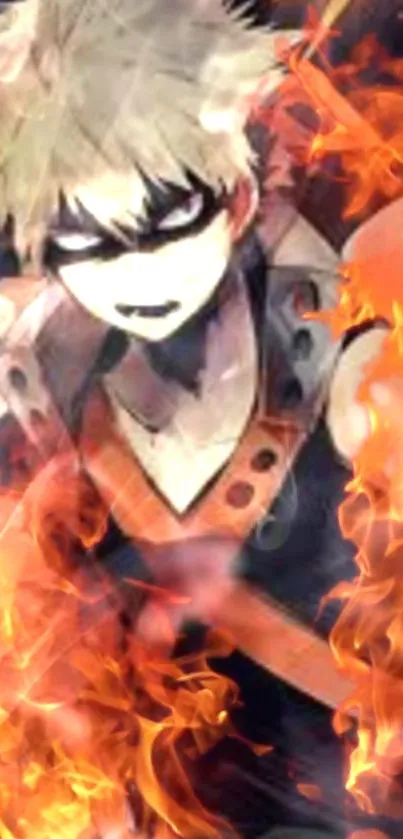 Anime character in a fiery backdrop with vibrant orange flames.