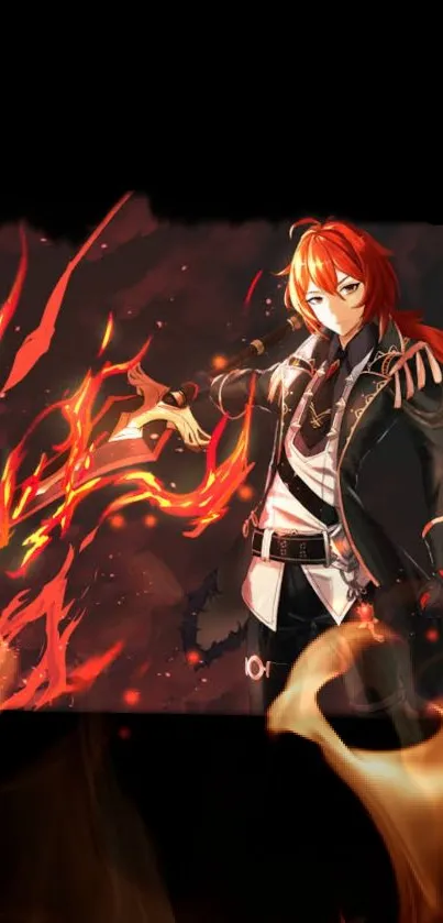 Anime character with red hair and flames.