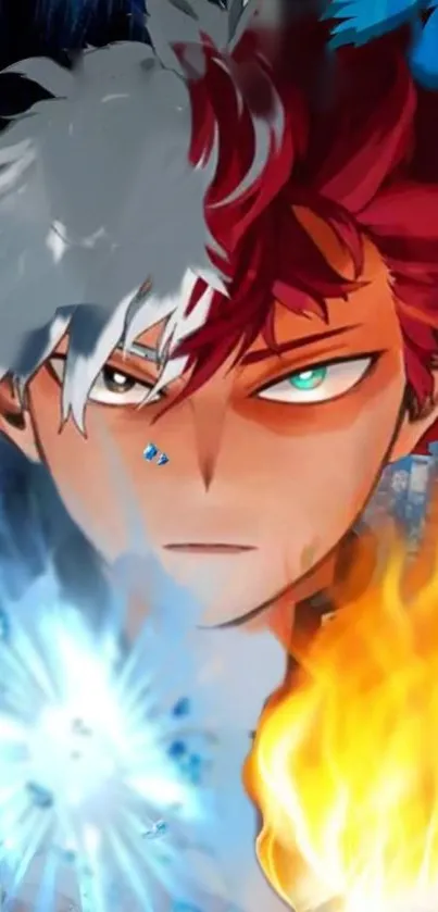 Anime character with half fire and ice effect.