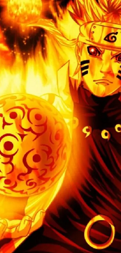 Anime character with fiery orb and flames in dynamic wallpaper design.