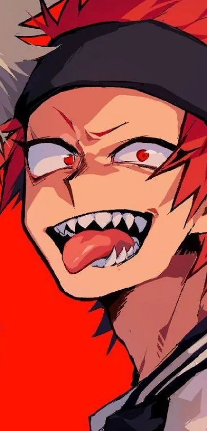 Anime character with red hair and a fierce expression on a vibrant red background.