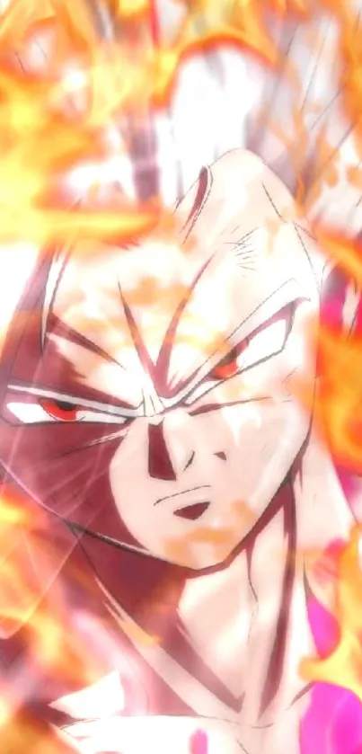 Anime character amidst fiery flames with intense colors.