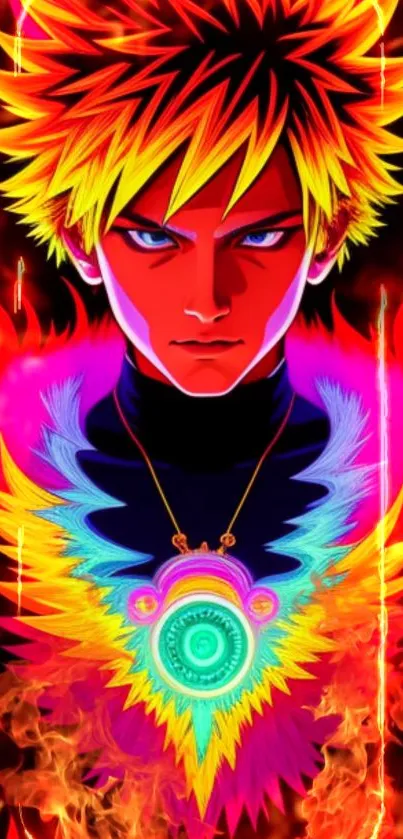 Anime character with fiery colors and intense gaze, vibrant wallpaper design.