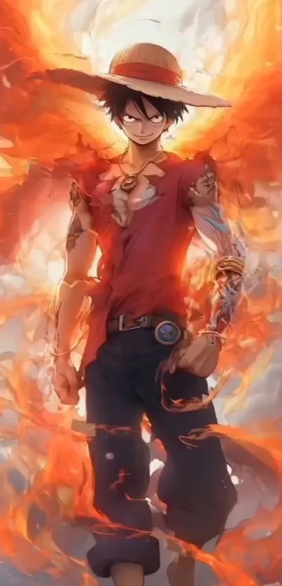 Anime character with fiery flames, vibrant and artistic.