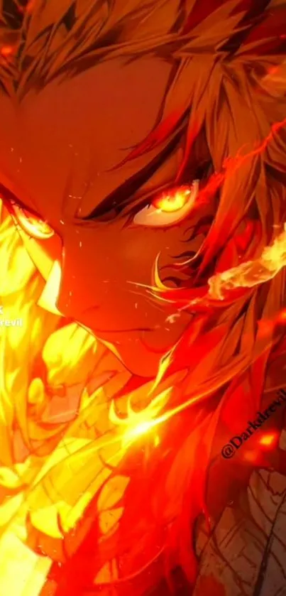 Fiery anime character with intense orange flames, perfect for a vibrant phone wallpaper.