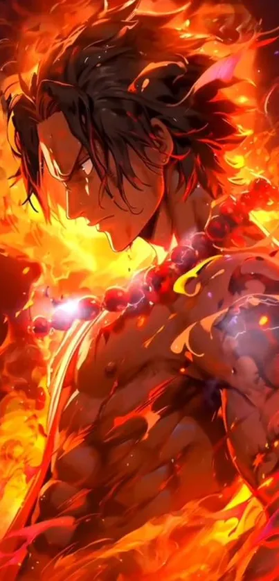 Anime character surrounded by fiery orange flames in vibrant mobile wallpaper.