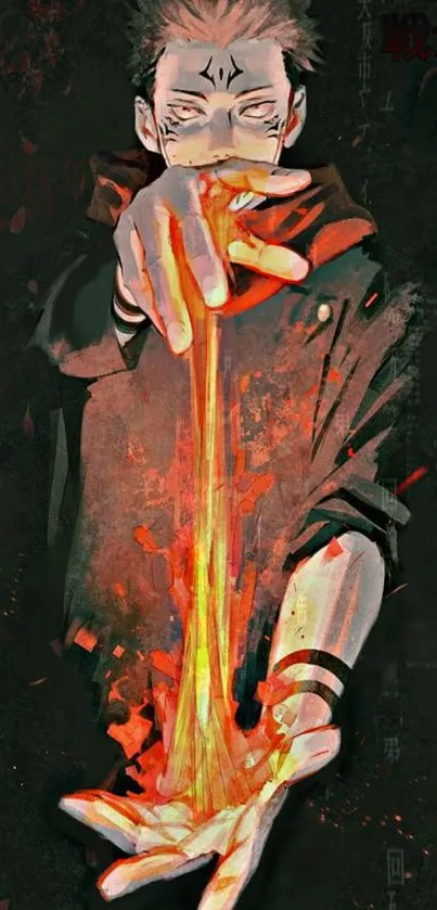 Anime character with fiery energy emanating from the hand, set against a dark background.