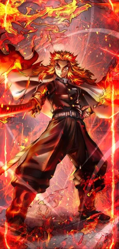 Anime character in fiery action with red and orange flames.