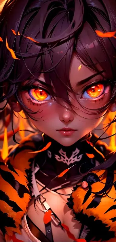 Anime character with fiery eyes and vibrant details on mobile wallpaper.