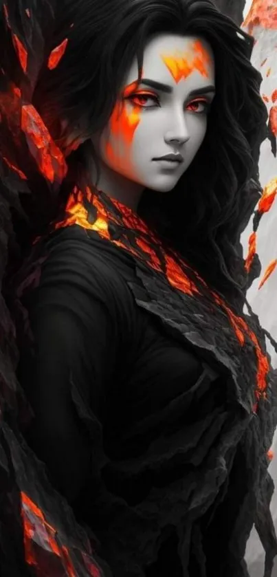 Anime character with fiery accents and dark design in a fantasy setting.