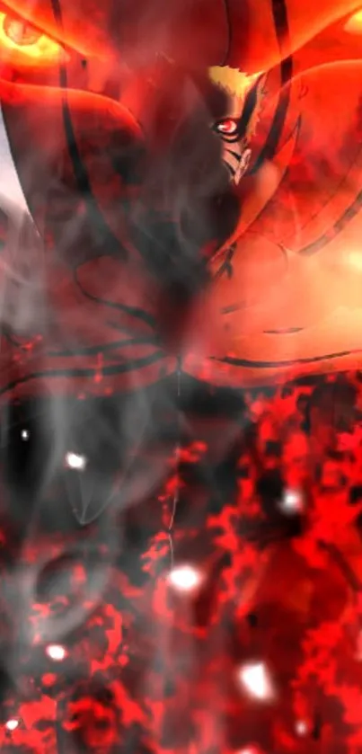 Fiery anime character with burning eyes and vibrant red background.