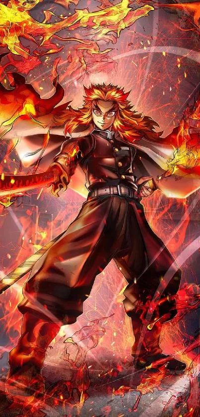 Fiery anime character in dynamic action pose with vibrant orange flames.