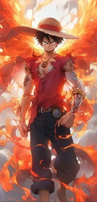 Anime character with fiery backdrop and straw hat.