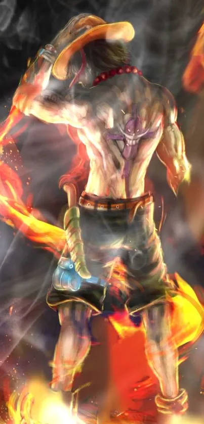 Fiery anime character with vibrant flames background.