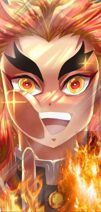 Anime character with fiery hair and flames on a vibrant wallpaper.