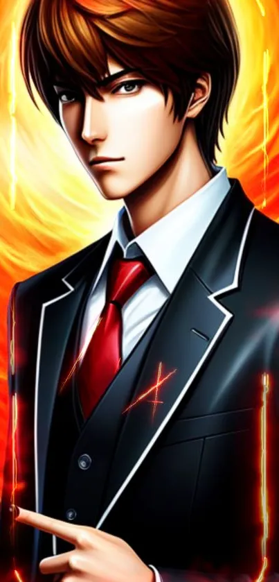 Anime character in a suit with fiery orange background.