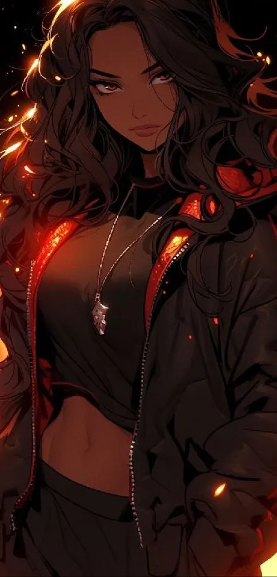 Anime character with fiery background and dark attire.