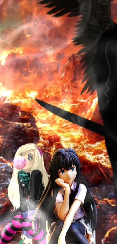 Anime characters in fiery dramatic scene with dark figure.