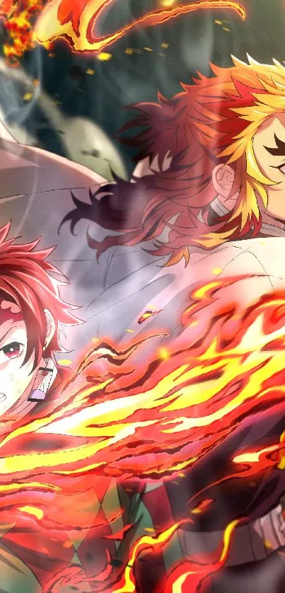 Anime duo with vibrant fiery flames background.