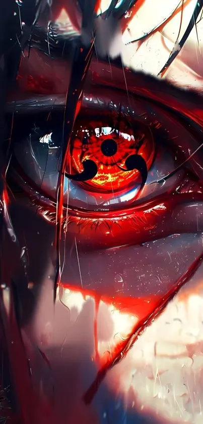 Close-up of a dramatic, fiery anime eye with intense red hues.