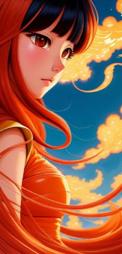 Anime girl with fiery orange hair and vibrant blue background