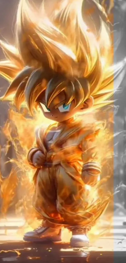 Fiery anime hero with golden aura in vibrant wallpaper.