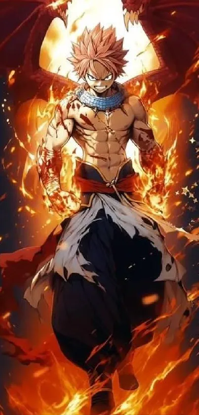 Anime hero surrounded by fierce, fiery flames in vibrant orange.