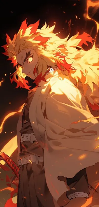 Anime hero with fiery aura and striking presence.