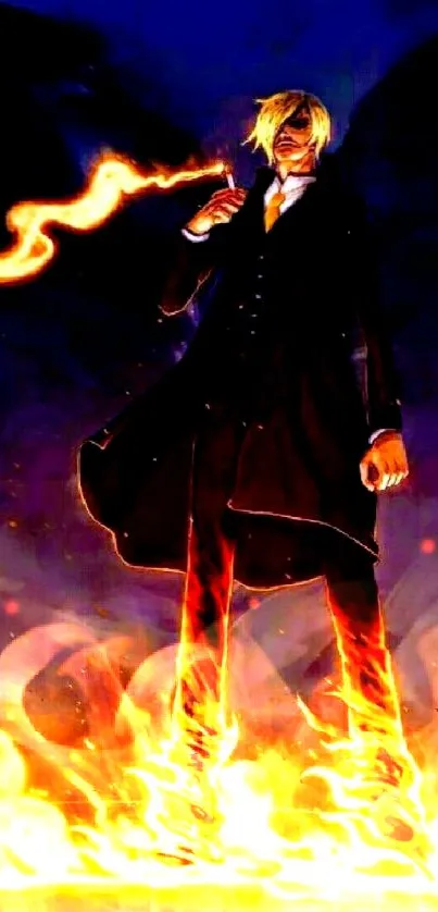 Anime hero with fiery legs and flames, dynamic mobile wallpaper.