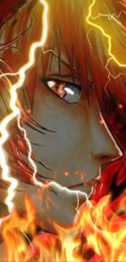 Anime character with lightning and fire background.